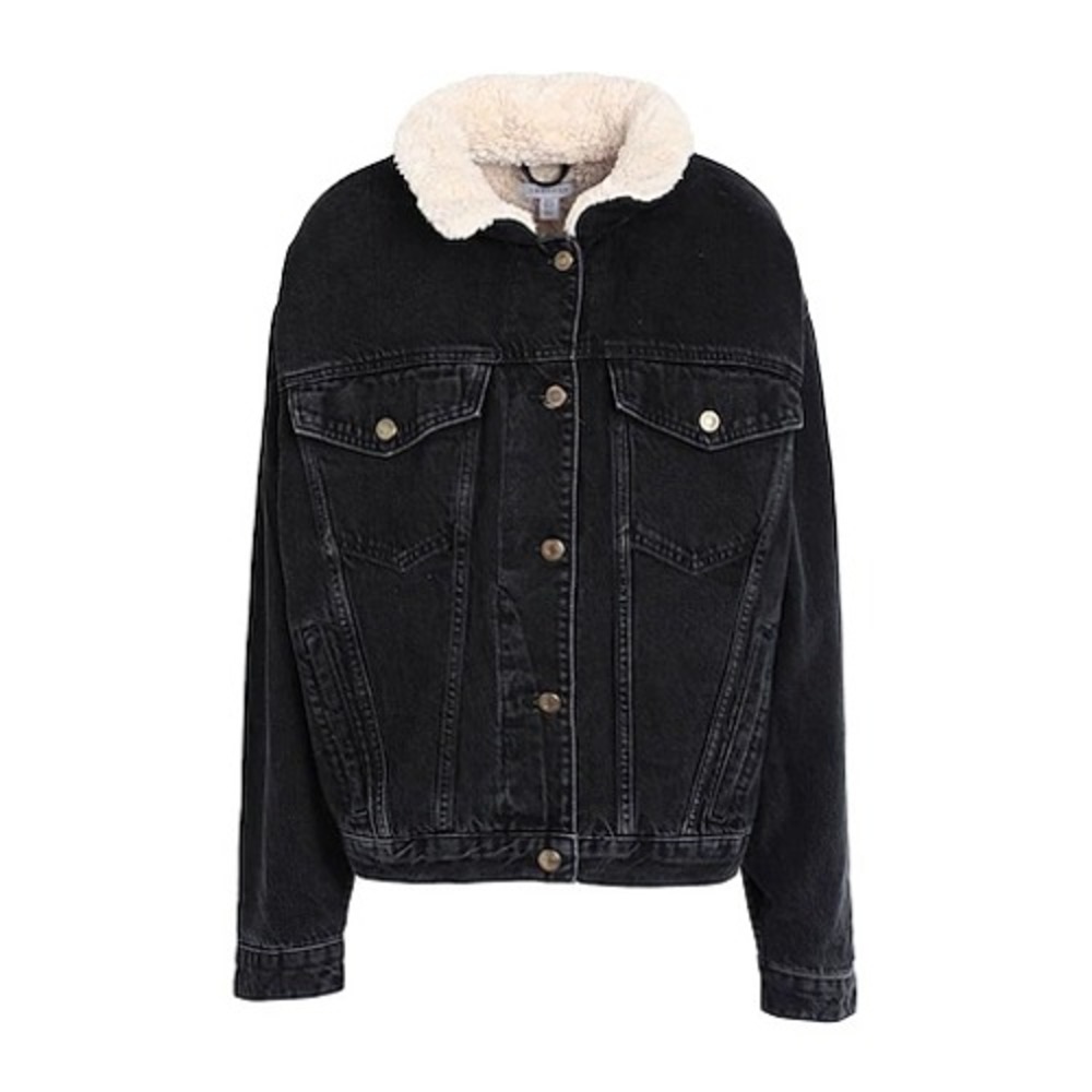 Topshop Womens Oversized Faux Shearling Lined Denim Jacket Black US 4 NEW